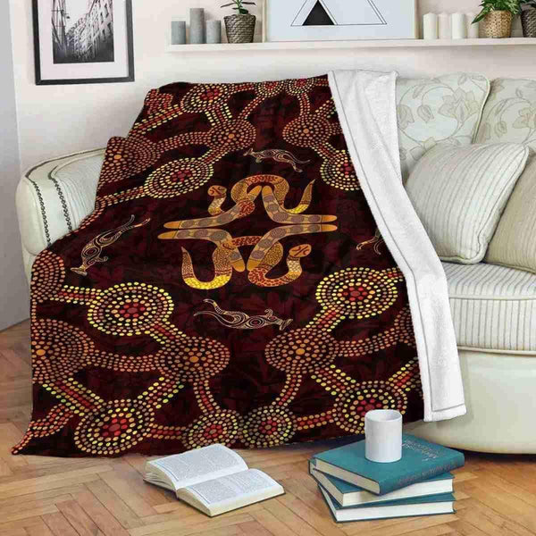 Aussie Dreamtime Australia Aboriginal Premium Blanket - Aboriginal Boomerangs and Rainbow Serpents - View 1