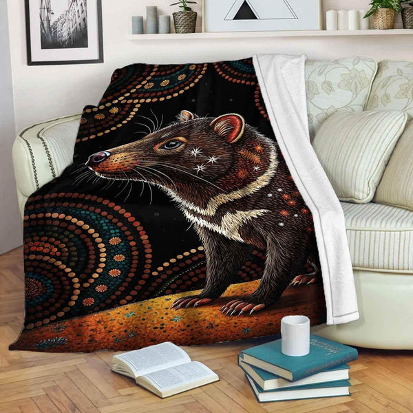 Aussie Dreamtime Australia Aboriginal Premium Blanket - Spotted Tasmanian devil in dot art style - View 1