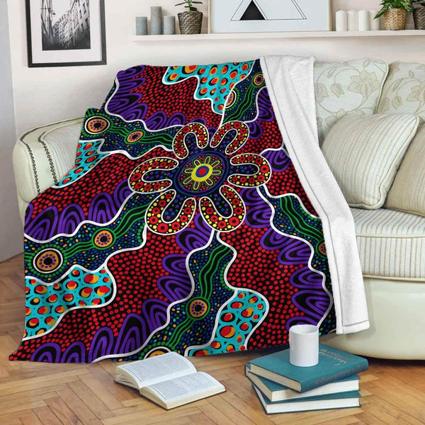 Aussie Dreamtime Australia Aboriginal Premium Blanket - Aboriginal dot art Flower concept - View 1