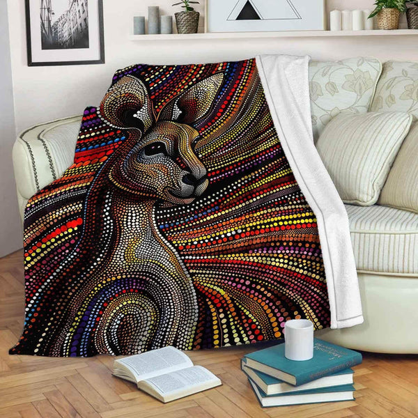 Aussie Dreamtime Australia Aboriginal Premium Blanket - Kangaroo dot art painting in Earthy colors - View 1