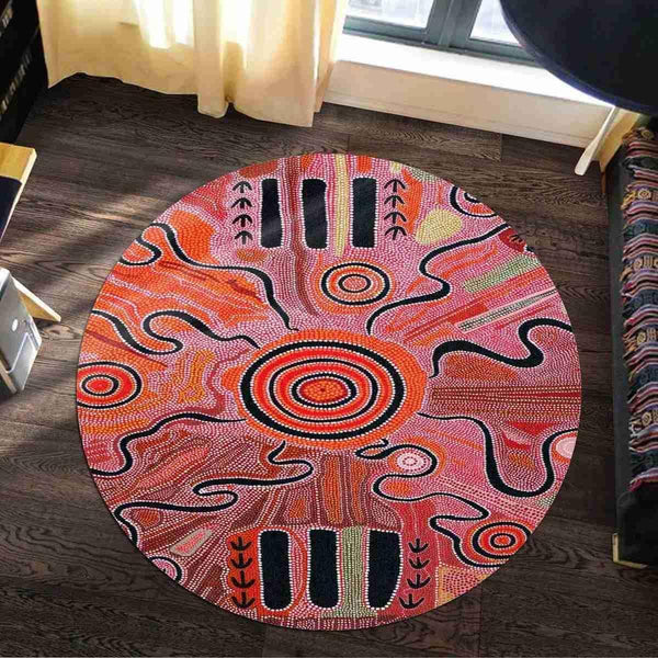 Aussie Dreamtime Australia Aboriginal Round Rug - Aboriginal Dot Painting Concept - View 1