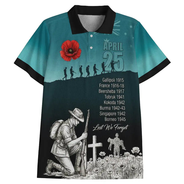 Teal and black Remembrance Day polo shirt with military-themed design and poppy flower on a white background