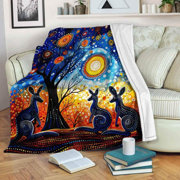 Aussie Dreamtime Australia Aboriginal Premium Blanket - Beautiful Landscape with Kangaroos - View 1
