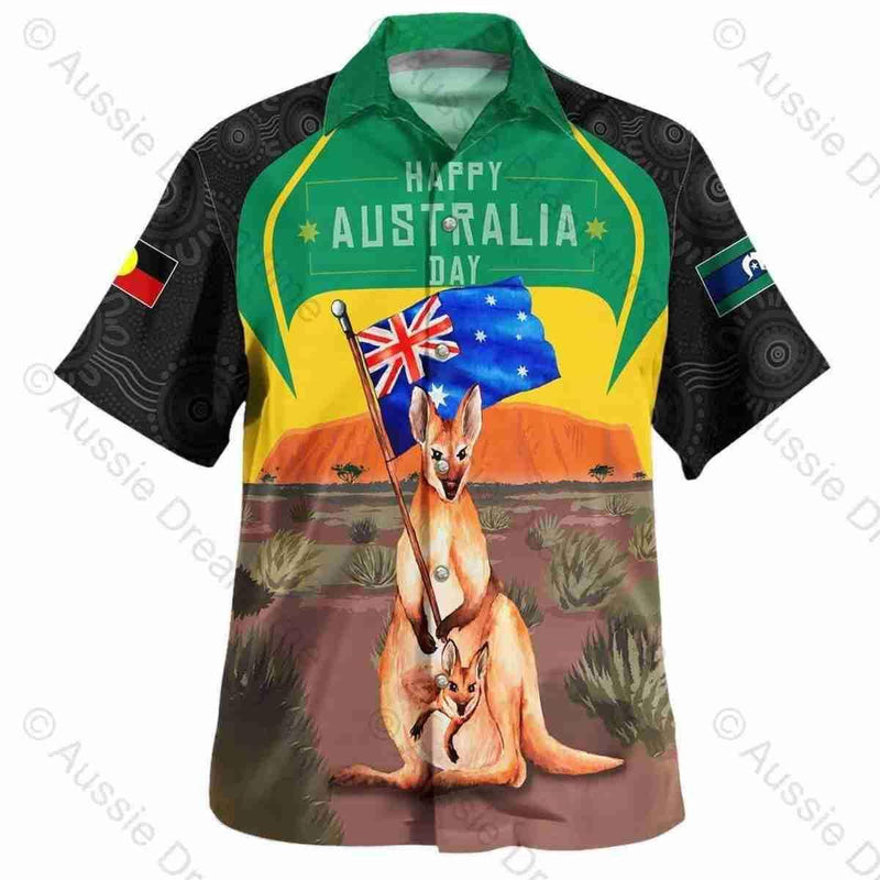 Aussie Dreamtime Australia Day Aboriginal Hawaiian Shirt - Mother and Baby Kangaroo With Uluru Landscape - View 3