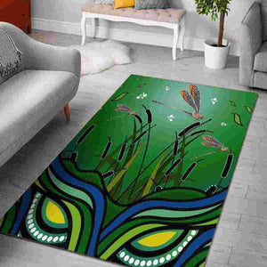 Australia Aboriginal Area Rug - Dragonfly on Cattails Aboriginal art