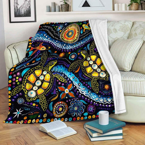 Aussie Dreamtime Australia Aboriginal Premium Blanket - Dreamtime story of Turtles and Fish - View 1