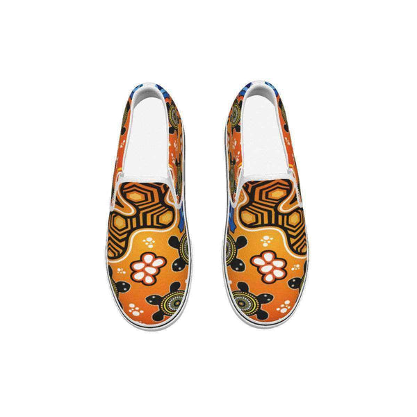 Aussie Dreamtime Australia Men's Slip On Sneakers - Aboriginal Inspired dot art painting with turtle orange - View 1