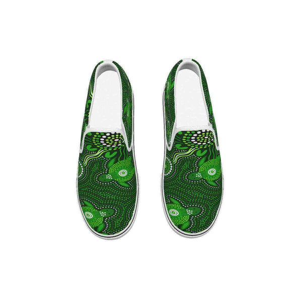 Aussie Dreamtime Australia Men's Slip On Sneakers - Aboriginal Inspired dot green painting with turtle - View 1