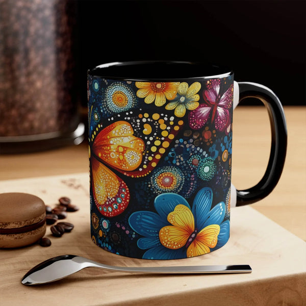 Aussie Dreamtime Aussie Dreamtime Colorful Accent Mug - Colorful Butterfly and Flowers Dot Painting 11oz - View 1