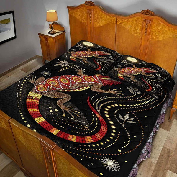 Aussie Dreamtime Australia Aboriginal Quilt Bed Set - Lizard in dot art style with glowing moonlit - View 2