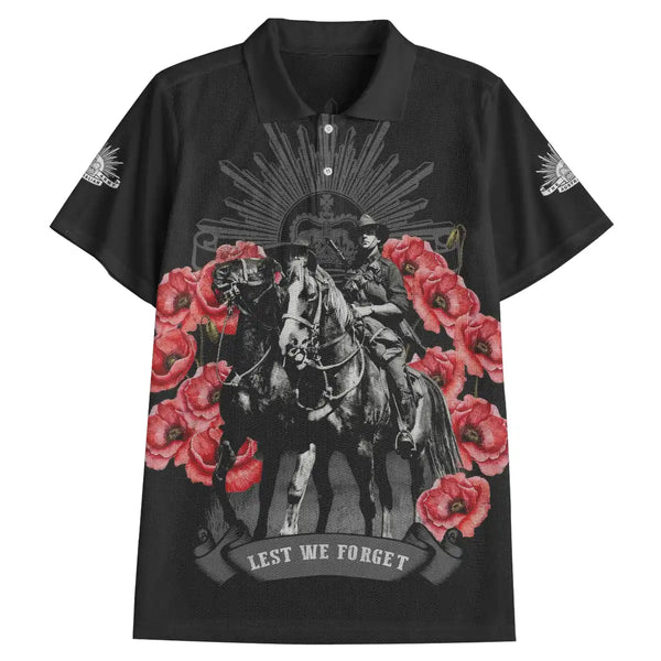 Black Remembrance polo shirt with a graphic of soldiers on horseback and red poppies, featuring the text 'Lest We Forget'.
