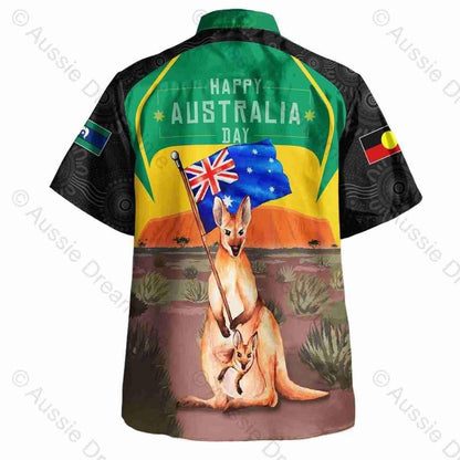 Aussie Dreamtime Australia Day Aboriginal Hawaiian Shirt - Mother and Baby Kangaroo With Uluru Landscape - View 4