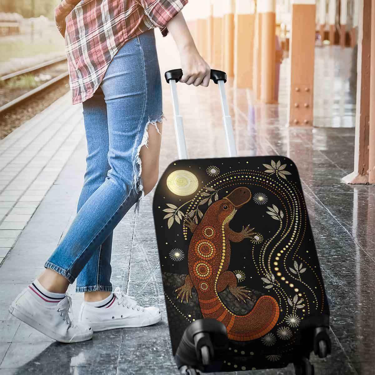 Aussie Dreamtime Australia Aboriginal Luggage Cover - Platypus in dot art style with glowing moonlit - View 2