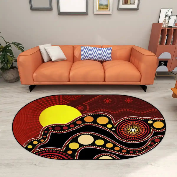 Aussie Dreamtime Australia Aboriginal Oval Area Rug - Indigenous Sun Red Earth & Dot Painting Design - View 1