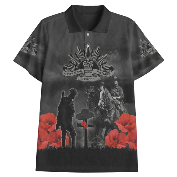 Black Remembrance polo shirt with Australian Military Forces design featuring soldiers and poppies on a white background.