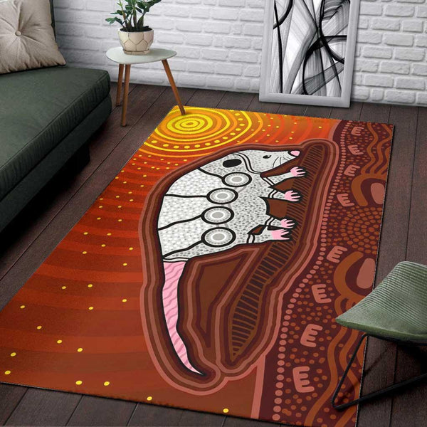 Aussie Dreamtime Aussie Dreamtime Aboriginal Art Rug - Striped Possum Red Earth & Sun Design - View 1