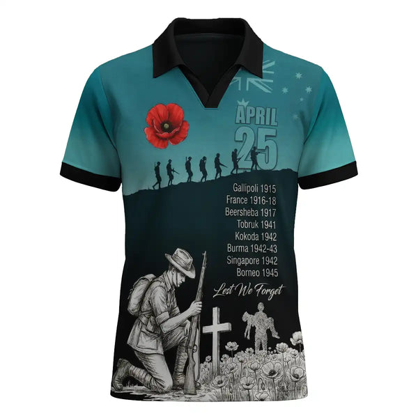 Teal and black Remembrance day polo shirt with military-themed design and poppy flower on a white background