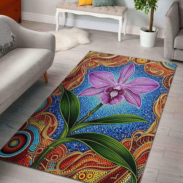 Aussie Dreamtime Australia Aboriginal Area Rug - Cooktown Orchid in Aboriginal Dot Art Style - View 1
