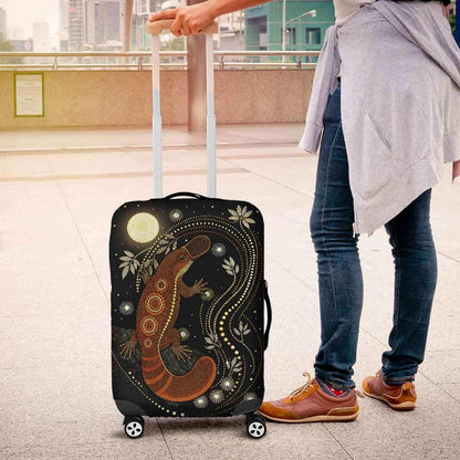 Aussie Dreamtime Australia Aboriginal Luggage Cover - Platypus in dot art style with glowing moonlit - View 3