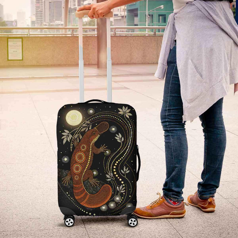 Aussie Dreamtime Australia Aboriginal Luggage Cover - Platypus in dot art style with glowing moonlit - View 3