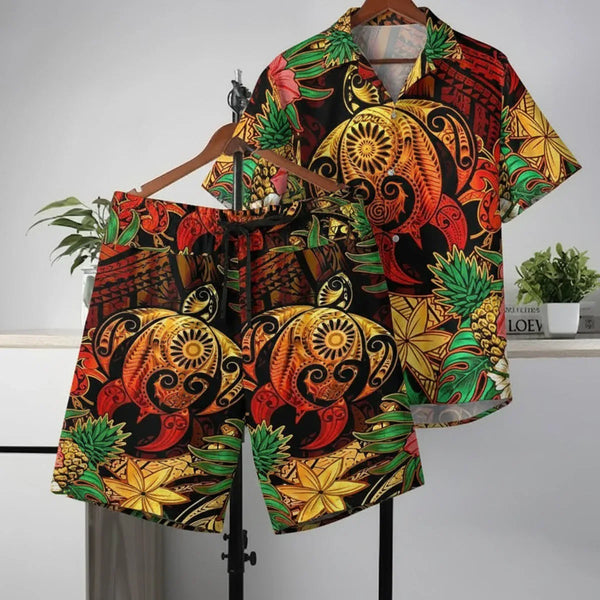 Tribal Tropic Pineapple & Honu Harmony Hawaiian Shirt And Shorts Sets - Aussie Dreamtime Polynesian Edition - Aussie Dreamtime