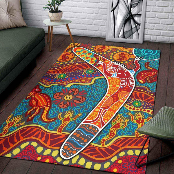Aussie Dreamtime Australia Aboriginal Area Rug - Aboriginal Boomerang Dot Art Painting - View 1