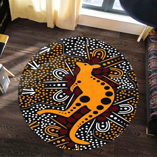 Aussie Dreamtime Australia Round Rug - Aboriginal Art Background With Kangaroo - View 1