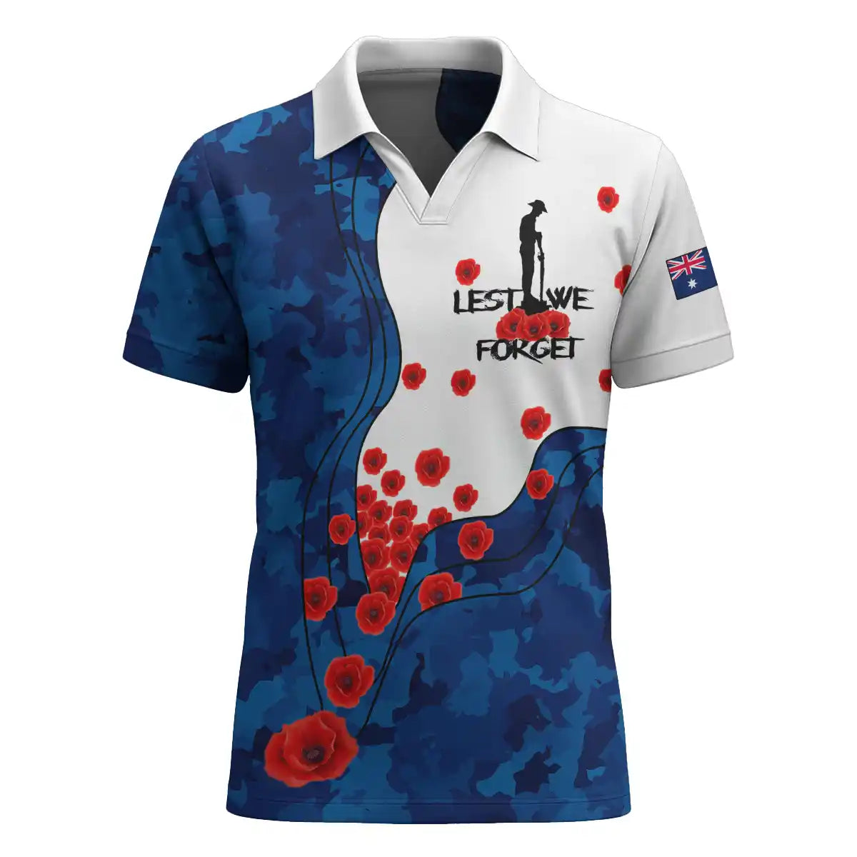 Australia Remembrance Day V-Neck Polo Shirt - Camo Blue Poppy | Aussie ...