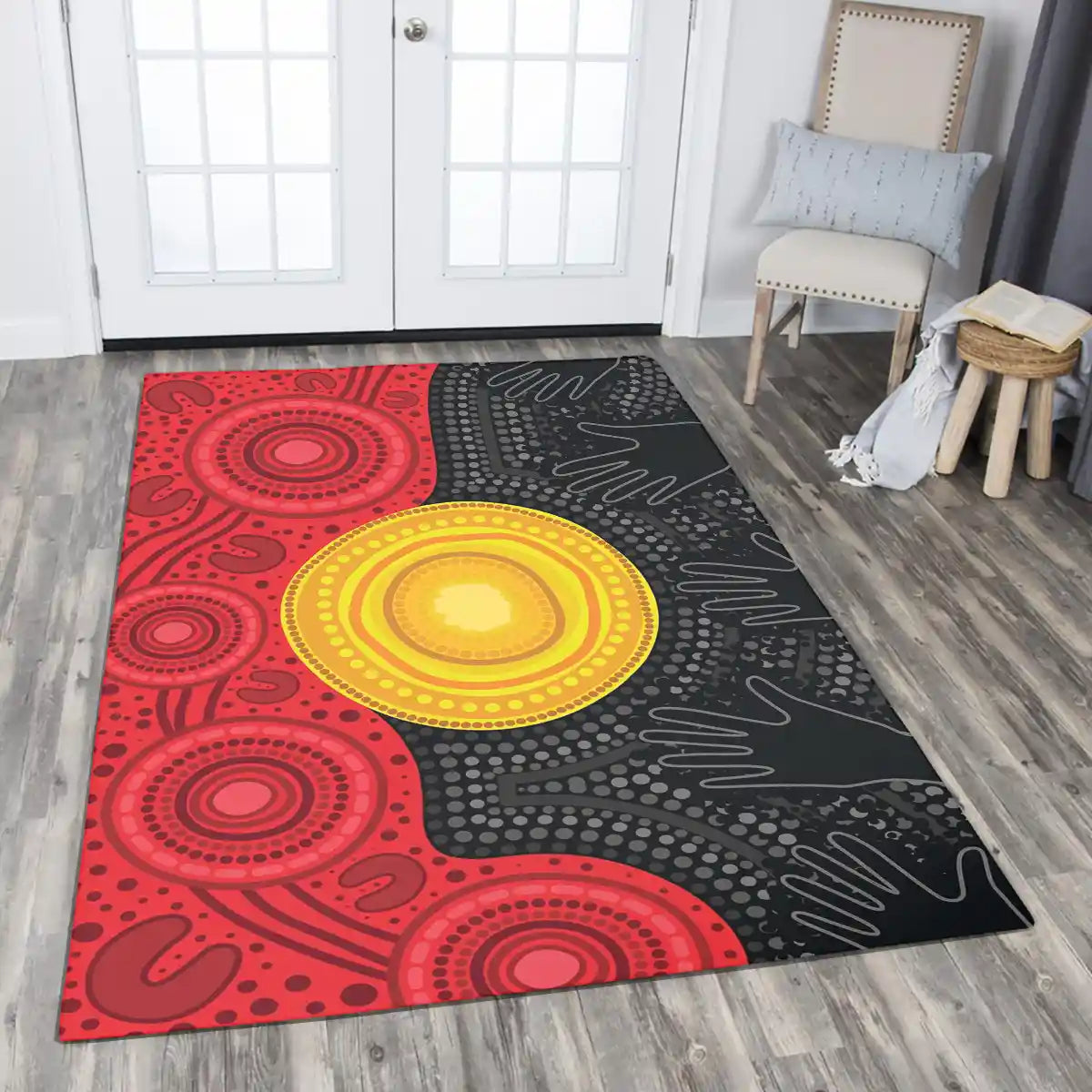 Aboriginal Flag dot artwork with hands Area Rug | Aussie Dreamtime Decor