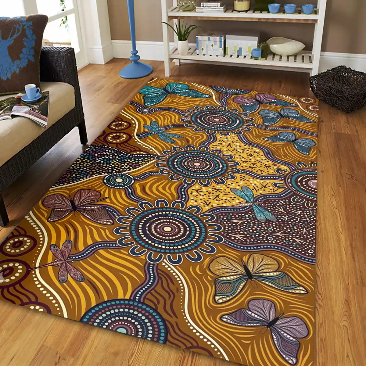 Butterfly and Dragonfly Dot Art Painting Area Rug | Aussie Dreamtime Decor