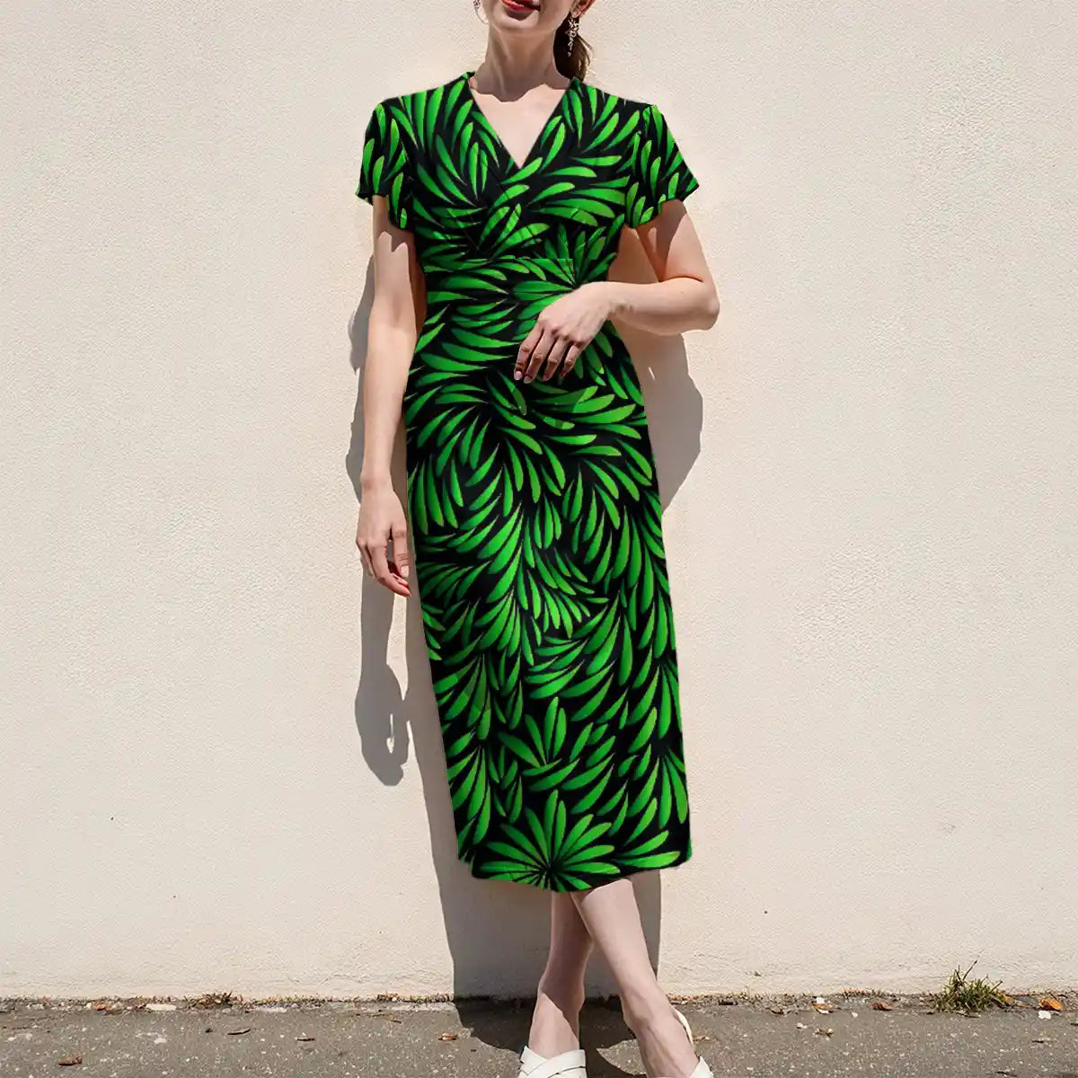 Green Leaves Painting Women's V-Neck Flutter Sleeve Midi Dress