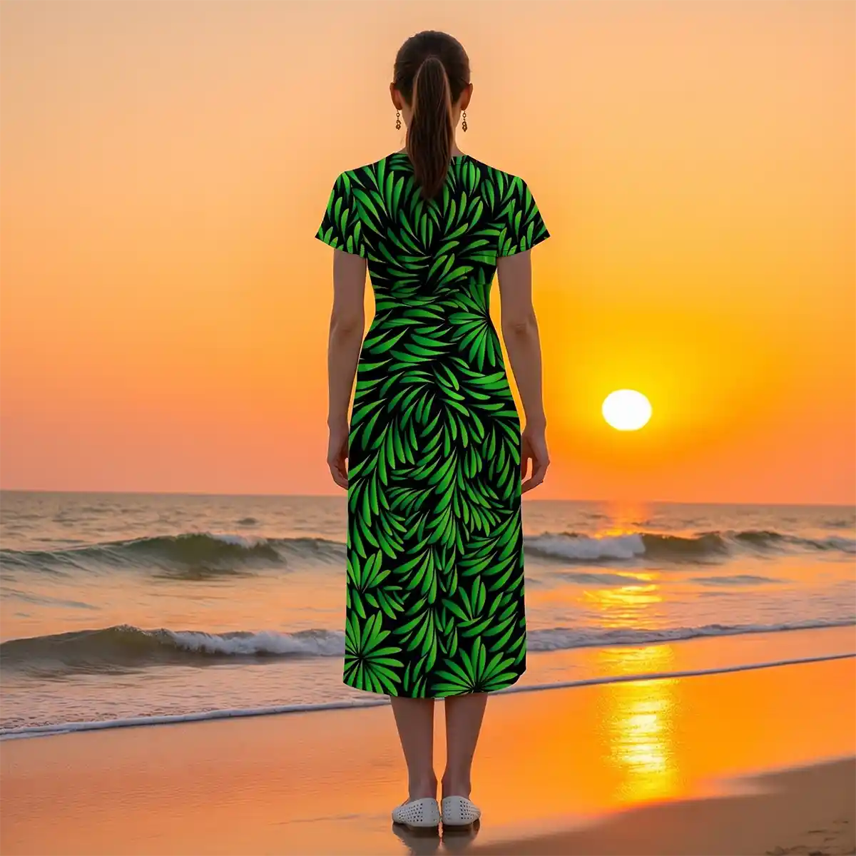 Green Leaves Painting Women's V-Neck Flutter Sleeve Midi Dress | Aussie Dreamtime Green Leaves Painting Women's V-Neck Flutter Sleeve Midi Dress | Aussie Dreamtime