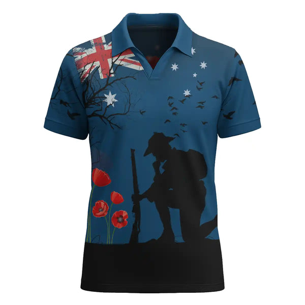Aussie Dreamtime Australia Remembrance Day V-Neck Polo Shirt - We Will Never Forget - View 1