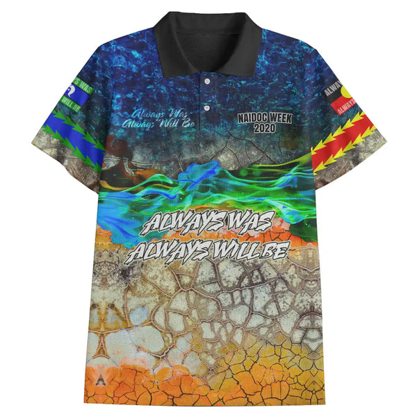 Colorful polo shirt with text and patterns on a white background. Australia Naidoc Week 2020 Polo Shirt - Always Was Always Will Be Natural Soul 1