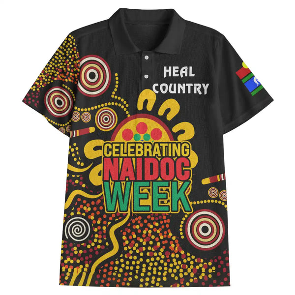Black polo shirt with colorful NAIDOC Week design on a white background. Australia Naidoc Week 2021 Polo Shirt - Heal Country Aboriginal Dot Art Painting 1