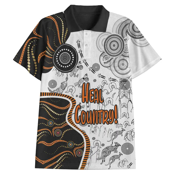 Short-sleeve shirt with Aboriginal art design and 'Heal Country!' text on a white background. Australia Naidoc Week 2021 Polo Shirt - Heal Country Theme With Aboriginal Culture 1