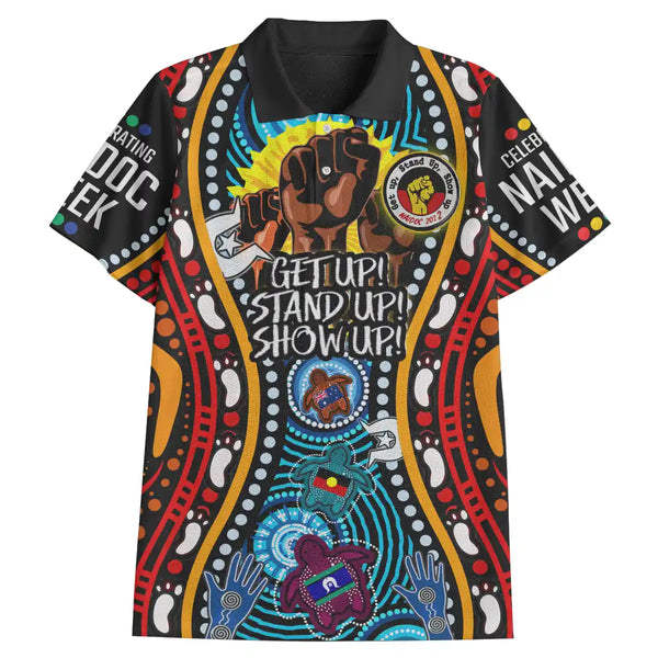 Colorful shirt with Aboriginal design and text on a white background. Australia Naidoc Week 2022 Polo Shirt - Get Up! Stand Up! Show Up! 1
