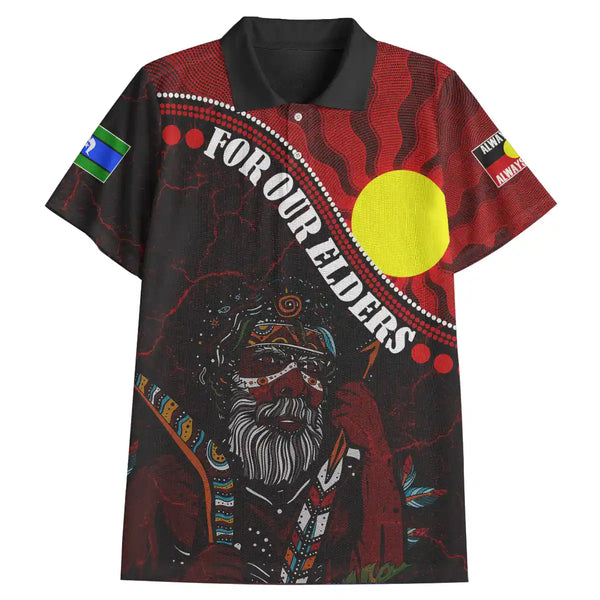 Colorful shirt with Aboriginal design and text 'For Our Elders' on a white background. Australia Naidoc Week 2023 Polo Shirt - For Our Elders Theme With Aboriginal Culture 1