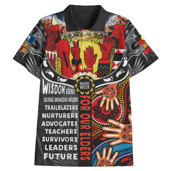 Colorful polo shirt with text and artistic designs on a white background. Australia Naidoc Week 2023 Polo Shirt - Pay Homage To Our Elders 1