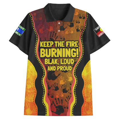 Colorful shirt with text and patterns on a white background. Australia Naidoc Week 2024 Polo Shirt - Keep The Fire Burning! Blak, Loud and Proud 1