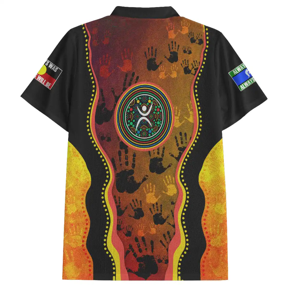 Colorful shirt with Aboriginal art design on a white background. Australia Naidoc Week 2024 Polo Shirt - Keep The Fire Burning! Blak, Loud and Proud 2