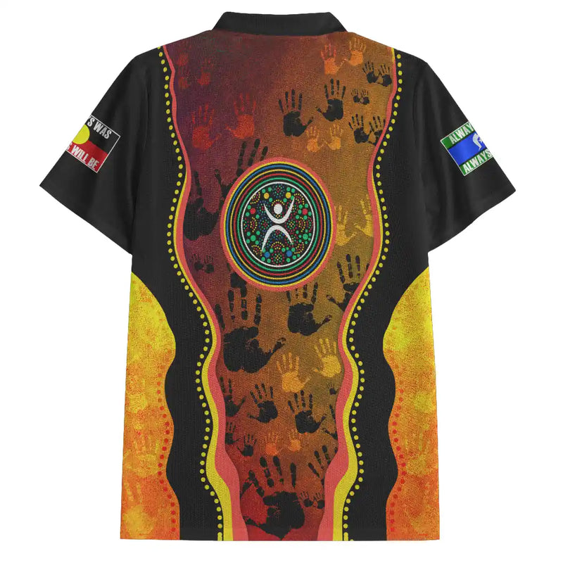 Colorful shirt with Aboriginal art design on a white background. Australia Naidoc Week 2024 Polo Shirt - Keep The Fire Burning! Blak, Loud and Proud 2