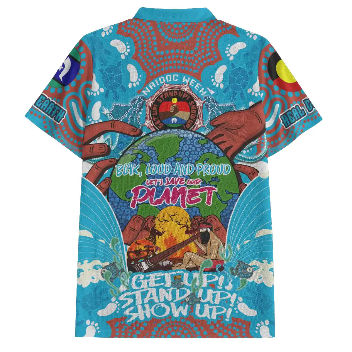 Colorful polo shirt with graphic design and text on a white background. Australia Naidoc Week 2024 Polo Shirt - Save Our Earth & Keep The Fire Burning 2