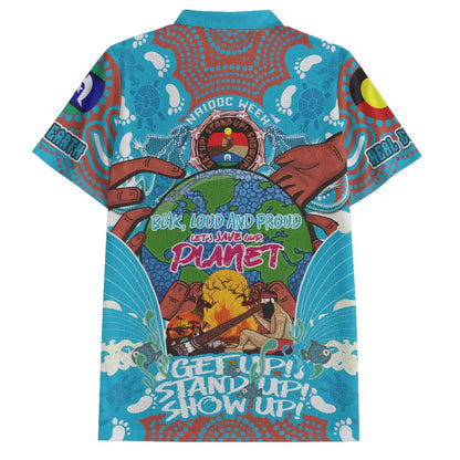 Colorful polo shirt with graphic design and text on a white background. Australia Naidoc Week 2024 Polo Shirt - Save Our Earth & Keep The Fire Burning 2