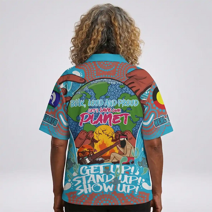 Person wearing a colorful shirt with environmental messages and graphics on the back. Australia Naidoc Week 2024 Polo Shirt - Save Our Earth & Keep The Fire Burning 4