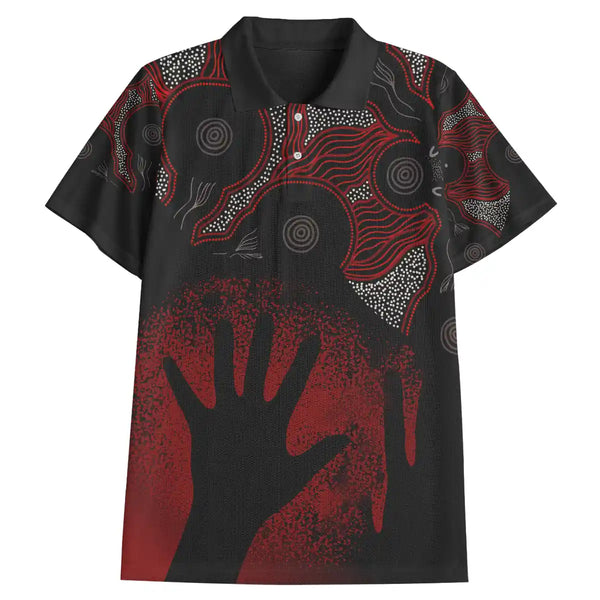 Black shirt with red and white abstract patterns on a white background. Australia National Sorry Day Polo Shirt - The Light of Truth 1