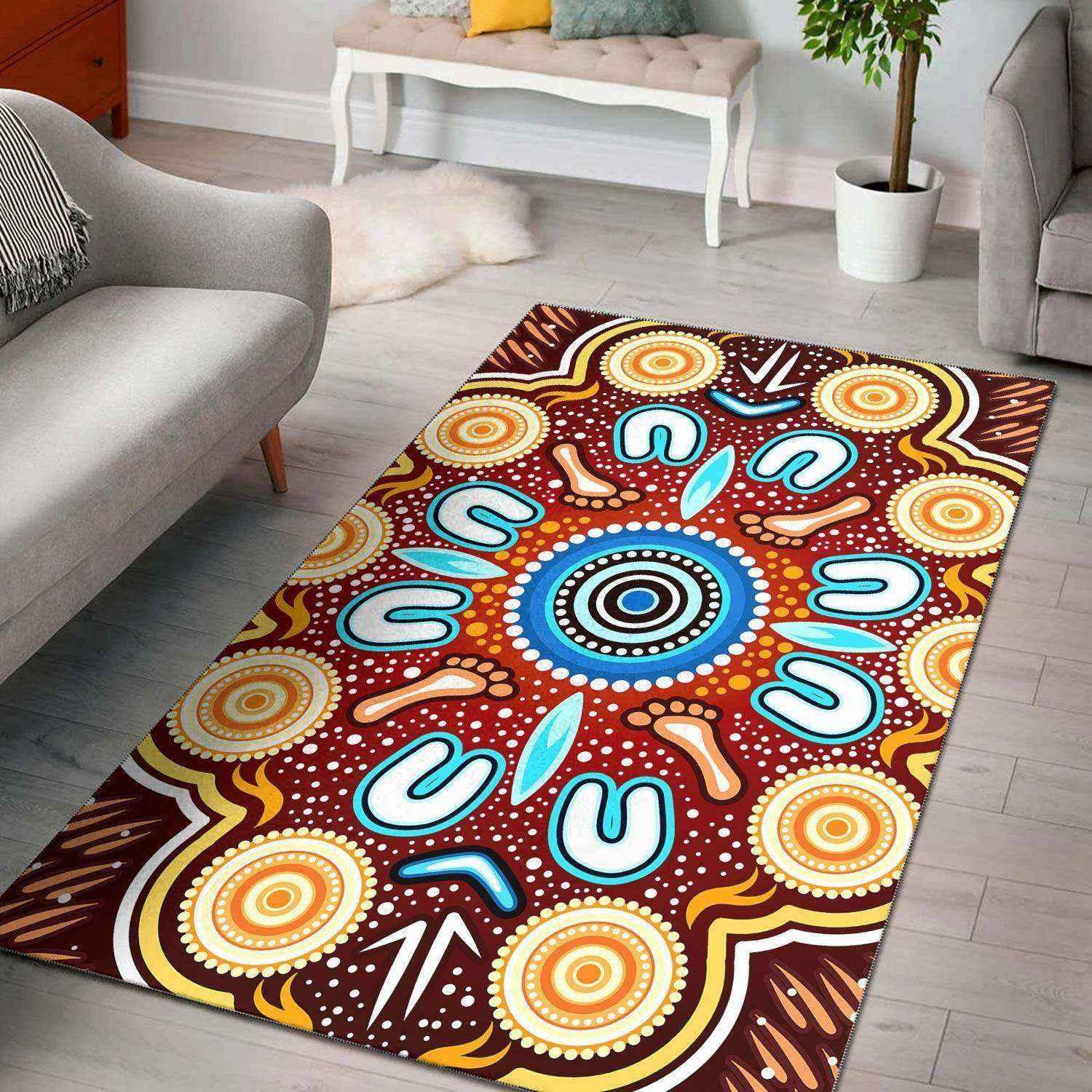 Aussie Dreamtime Aussie Dreamtime Aboriginal Area Rug - Indigenous Circle Dot Art Footprints Painting - View 1