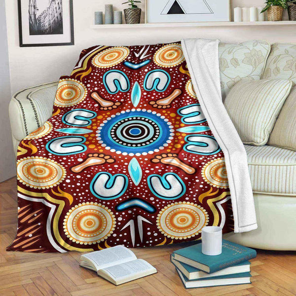 Aussie Dreamtime Australia Aboriginal Premium Blanket - Indigenous Circle Dot Art Footprints Painting - View 1