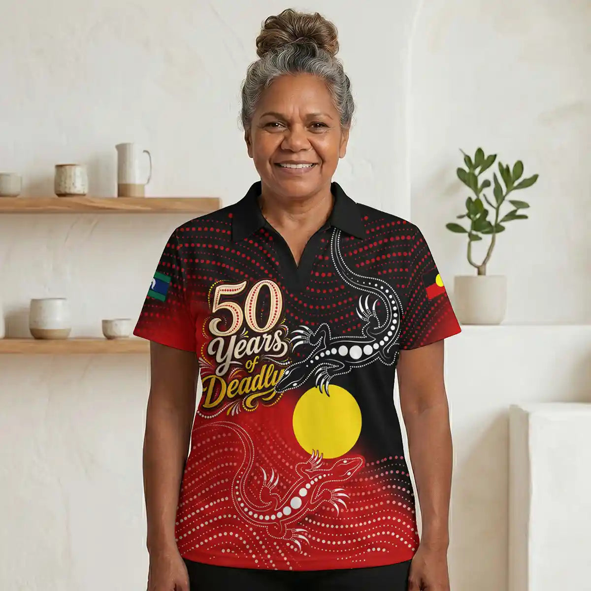 Twin Goannas Aboriginal Flag V-Neck Polo | Aussie Dreamtime