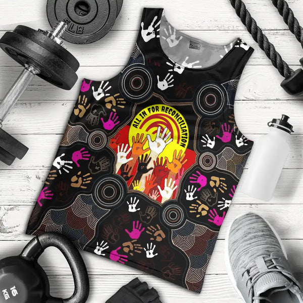 Black tank top with colorful hand patterns and text on a wooden floor with gym equipment. NRW 2026 Men's Tank Top & Singlet - ALL IN - A Wholehearted Commitment 1